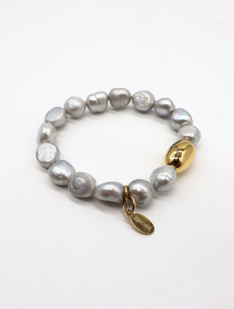 Grey Pearl Bracelet Gold Bean