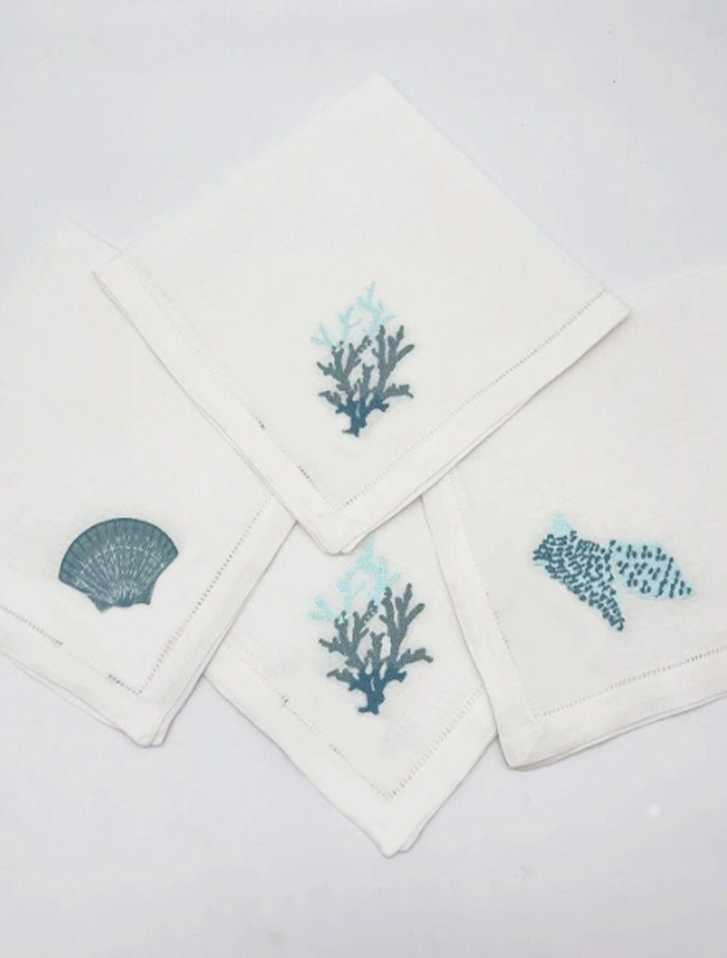 Seaside Embroidered Linen Napkin Set of 4 - Zjoosh