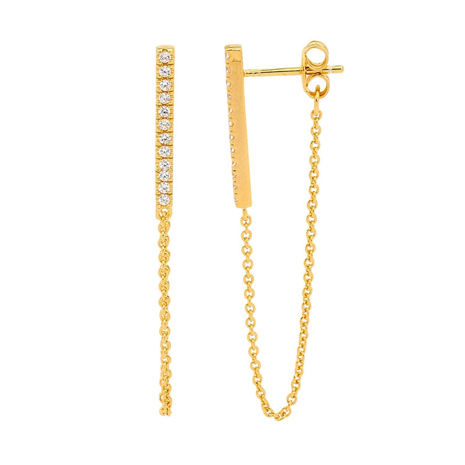 Ss Wh Cz Bar Earrings W Attached Chain Gold - Zjoosh