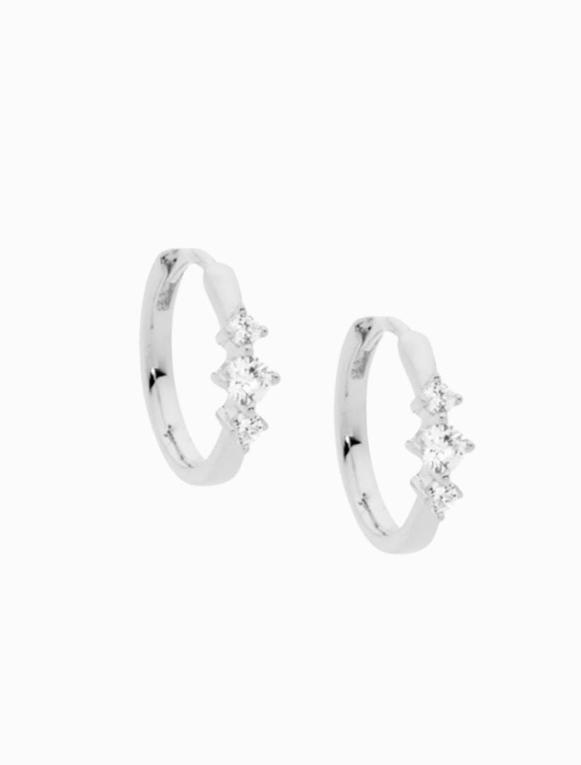 14mm Hoop Earrings 3 Cubic Zirconia Rhodium - Zjoosh