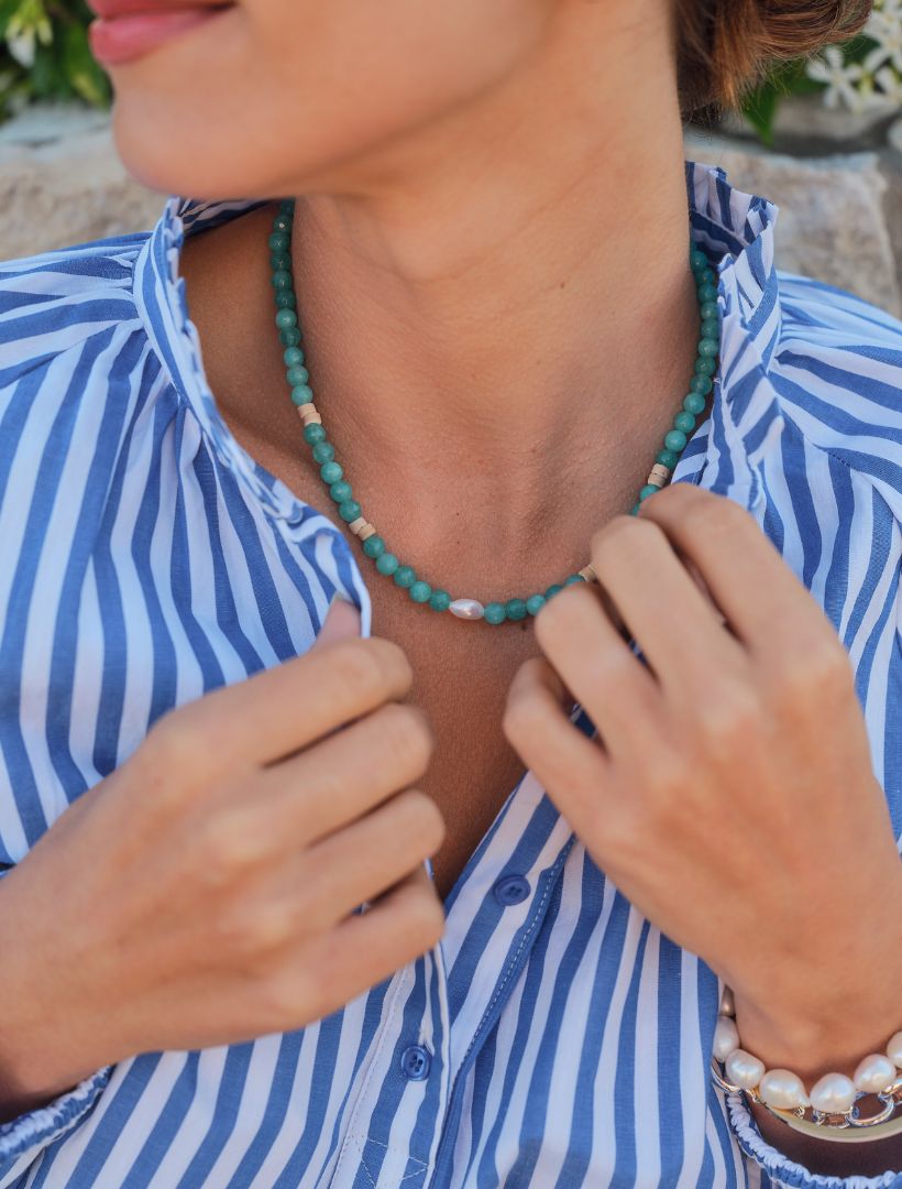 Stone and Pearl Necklace Aqua