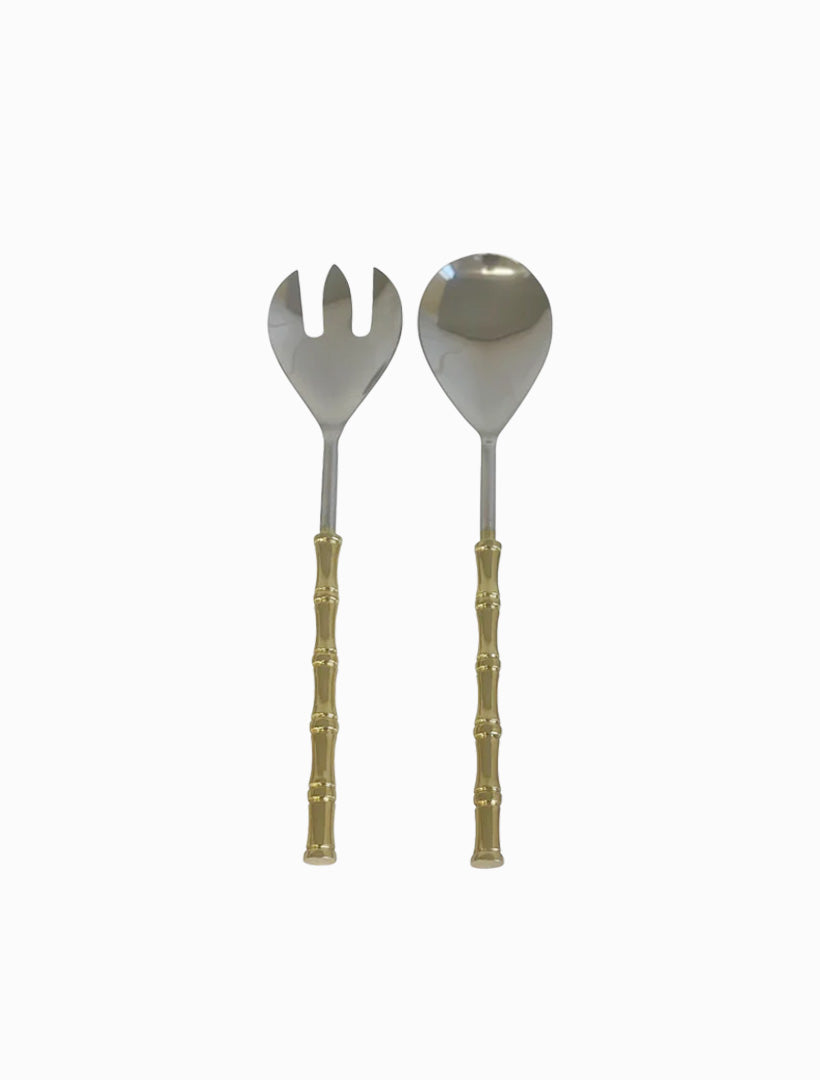 Bamboo Handle Salad Server Set Gold