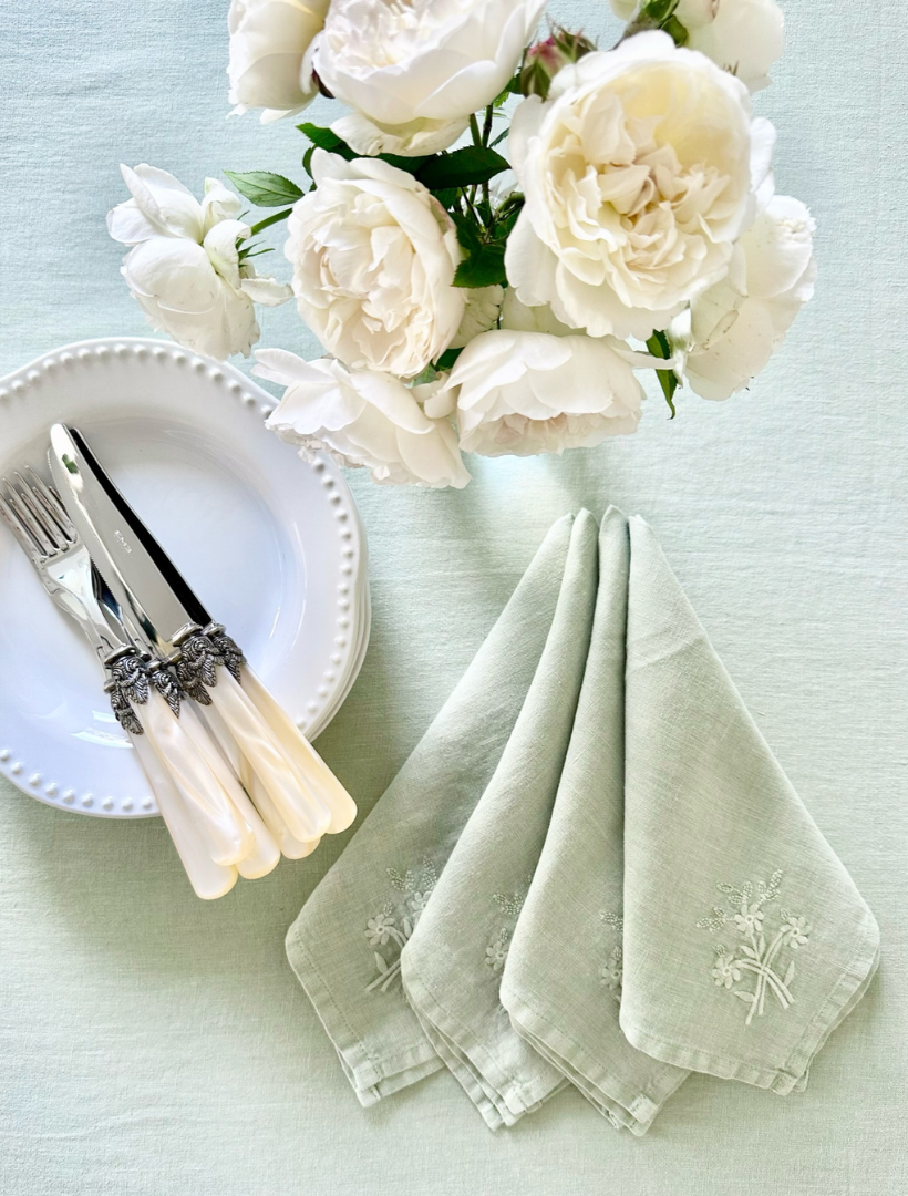 Embroidered French Linen Napkin Sage (Set of 4)