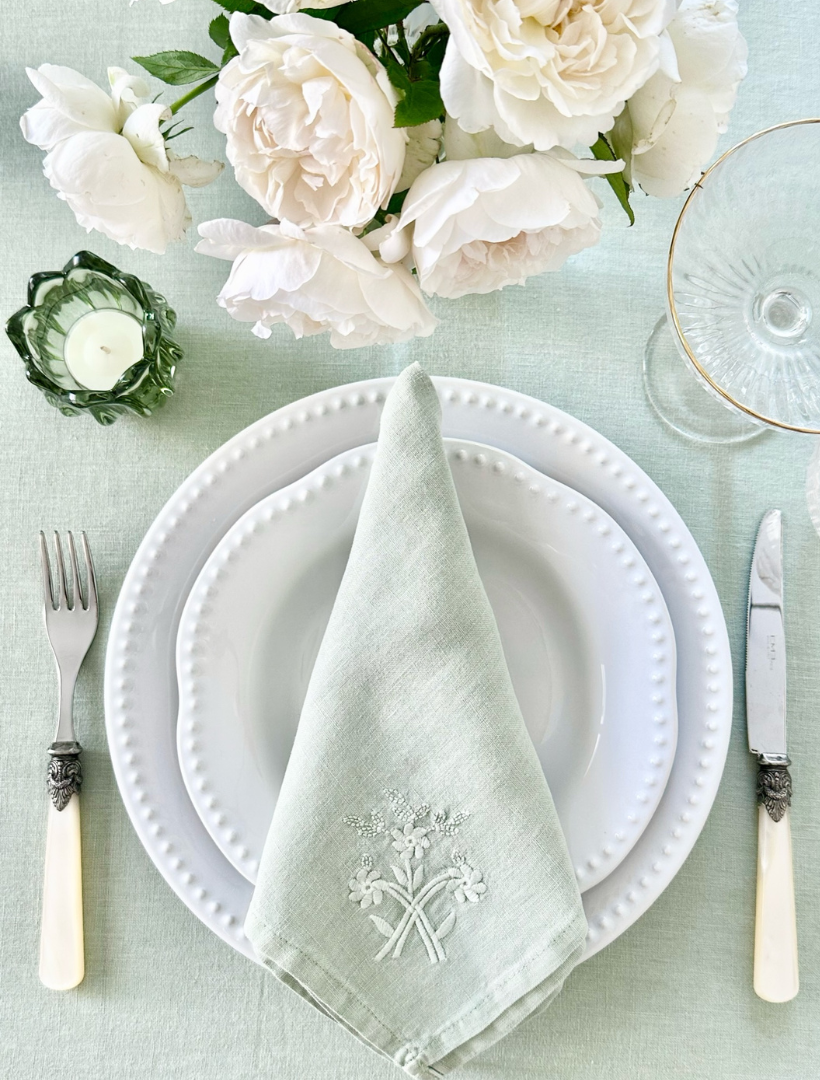 Embroidered French Linen Napkin Sage (Set of 4)