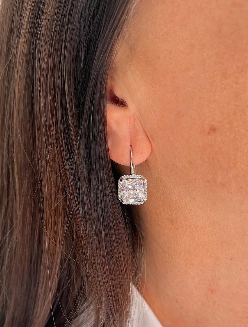 Square Cubic Zirconia Earrings on Hook Rhodium