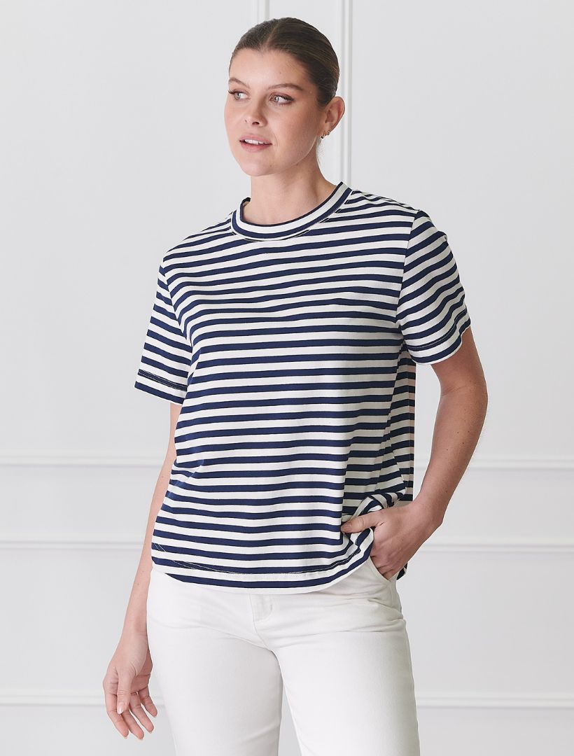 Front view - navy white striped tee