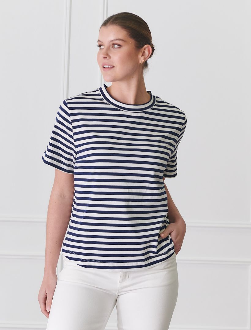 Front view - navy white striped tee