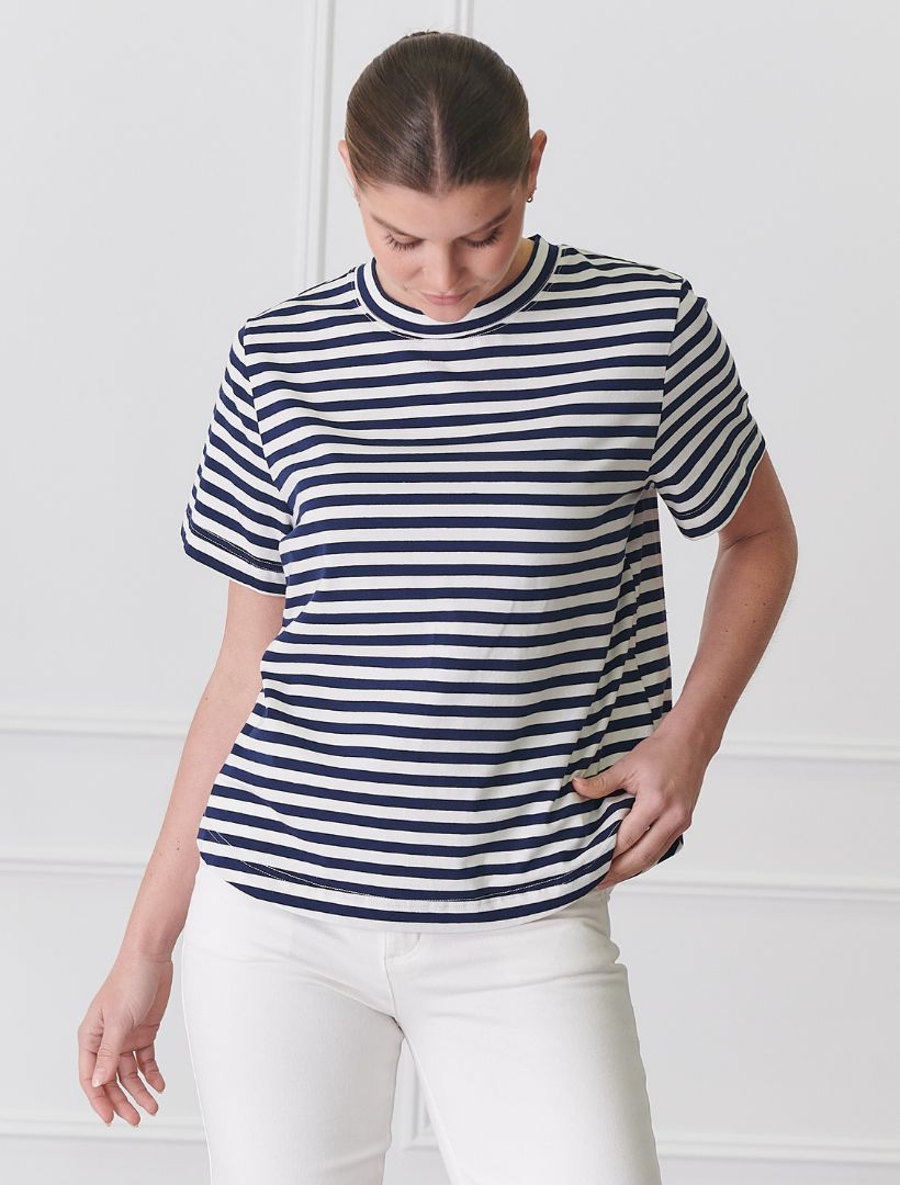 Front view - navy white striped tee