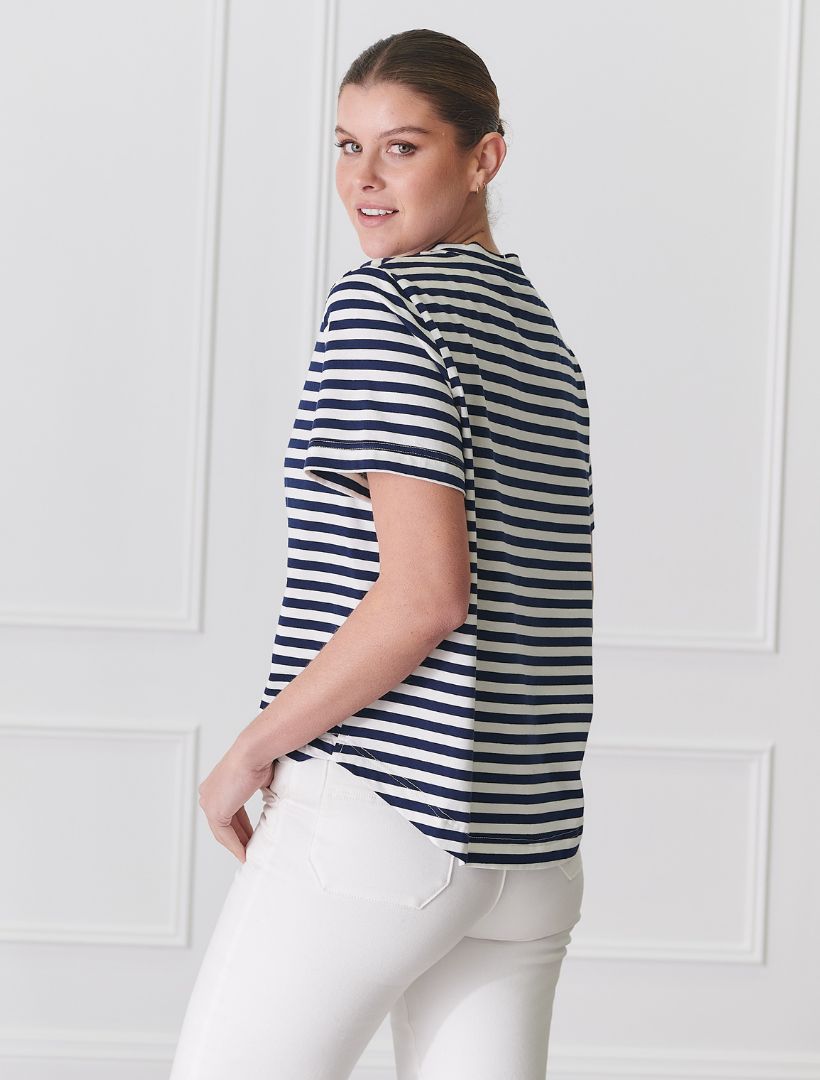 Side view - navy white striped tee