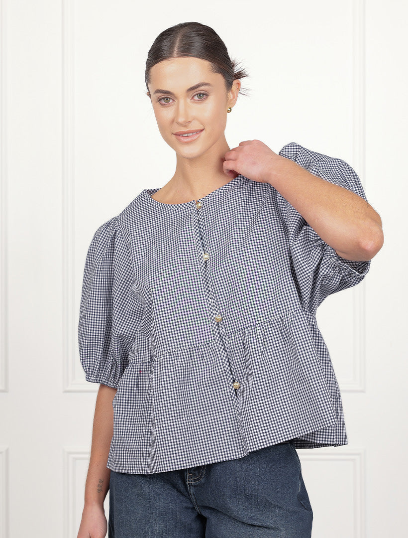 Nadia Gingham Top Navy