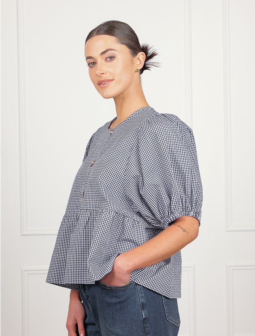 Nadia Gingham Top Navy