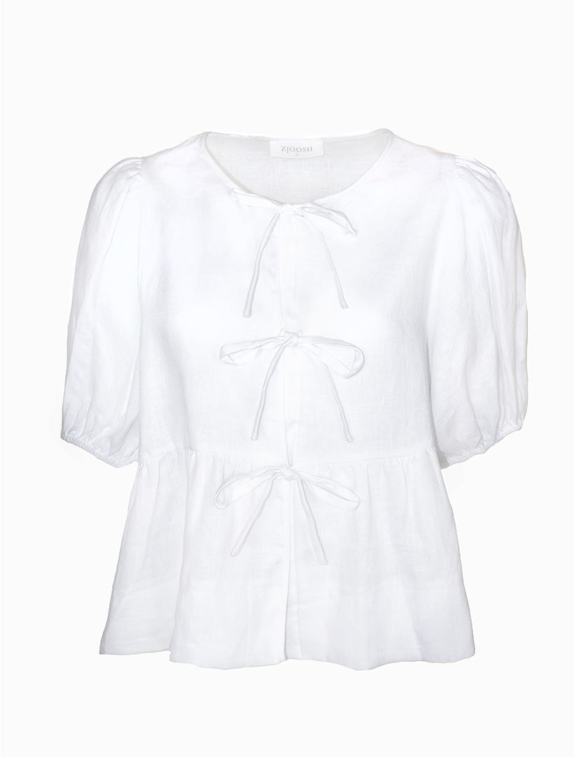 Nadia Tie Front Linen Top White