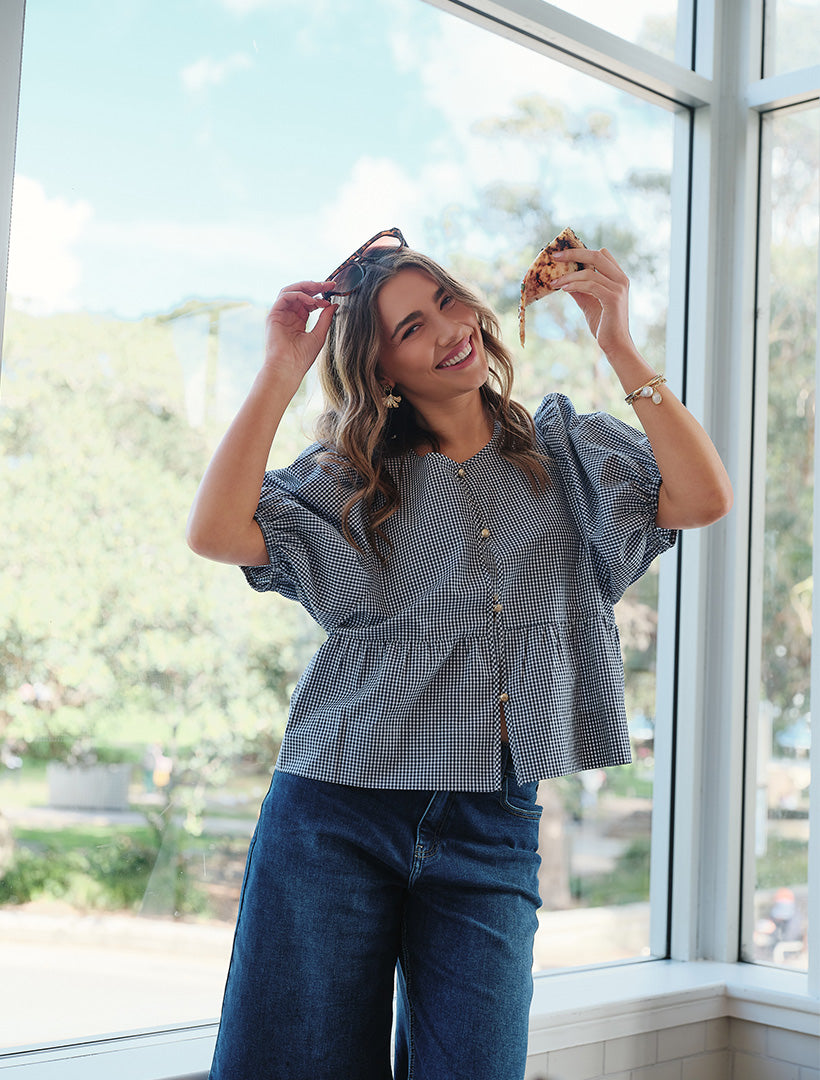 Nadia Gingham Top Navy