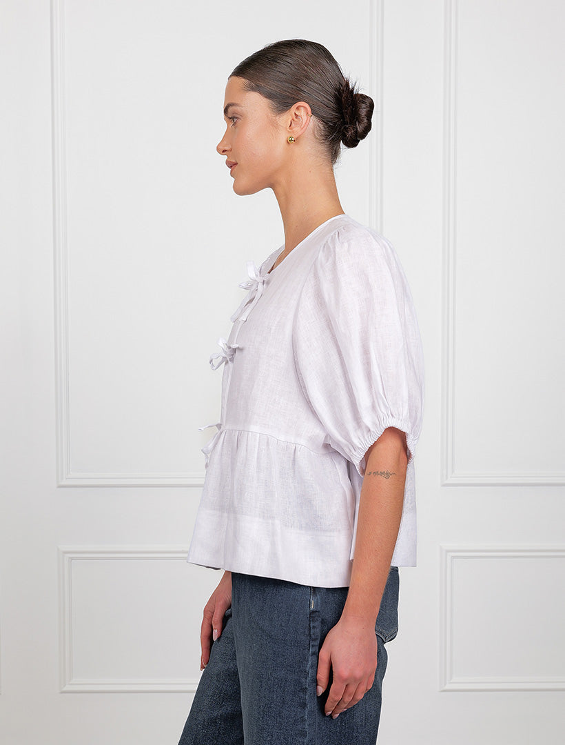 Nadia Tie Front Linen Top White