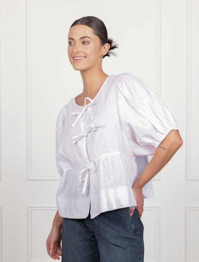 Nadia Tie Front Linen Top White
