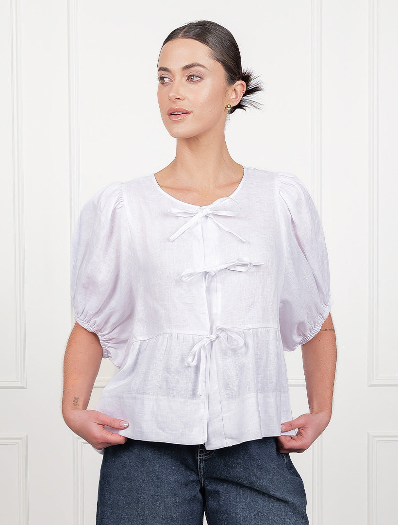 Nadia Tie Front Linen Top White