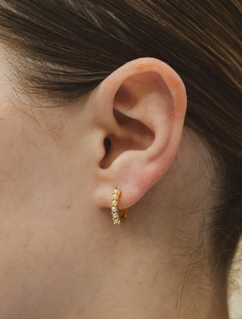 Tiny Pearl Hoops Gold
