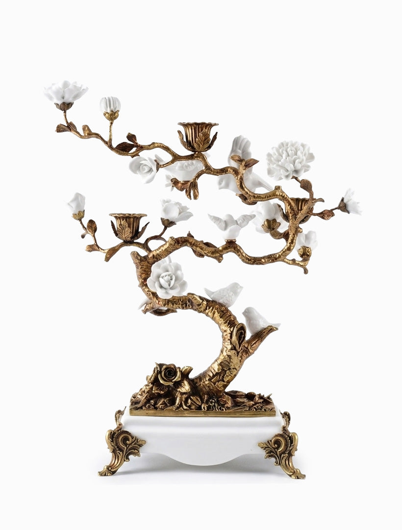 Bird Tree Candelabra White