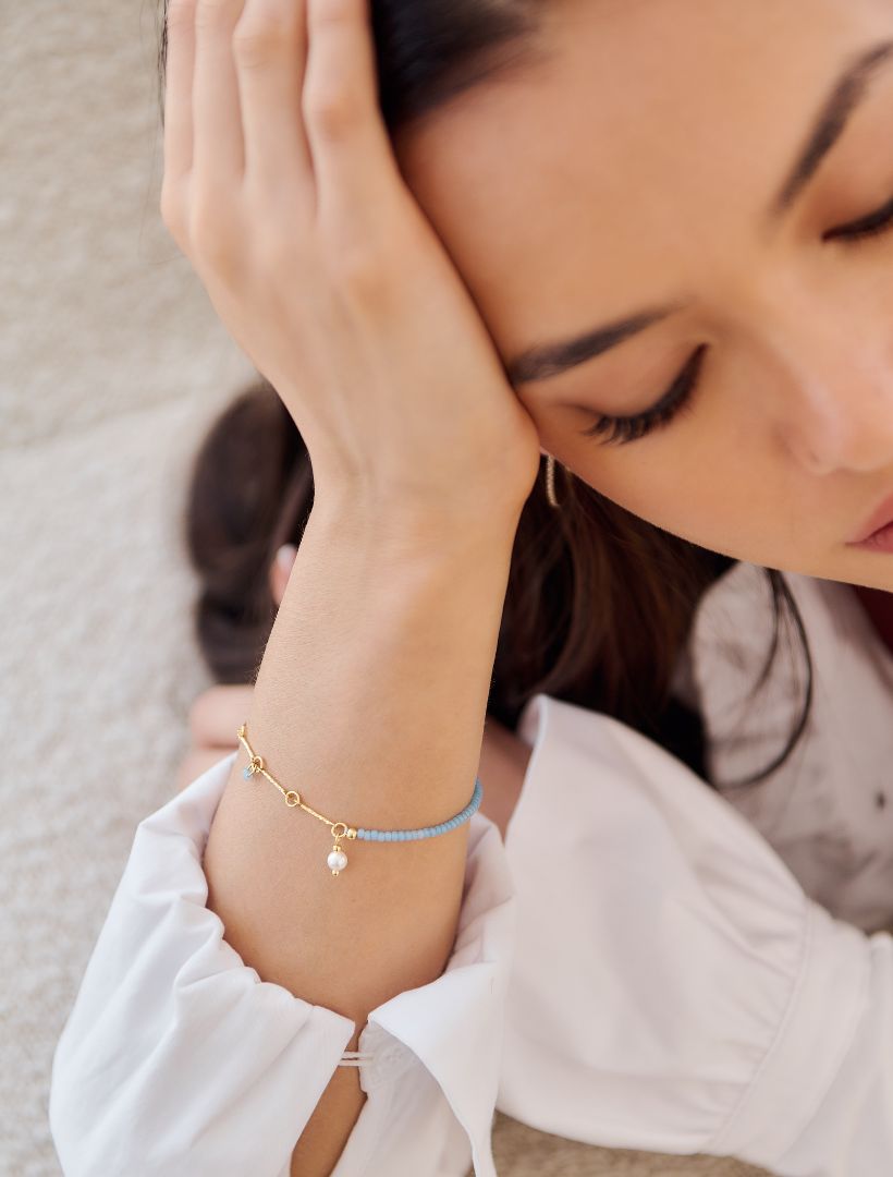 Blue Stone Pearl and Gold Bracelet