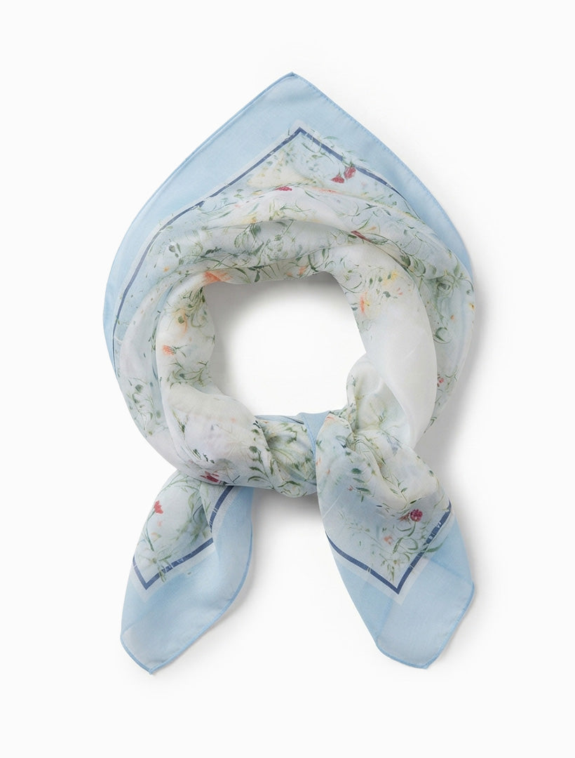 Border Floral Silk Scarf Blue