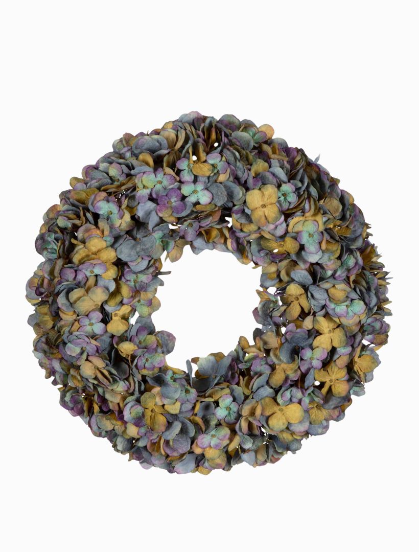 Front view - Faux blue hydrangea wreath