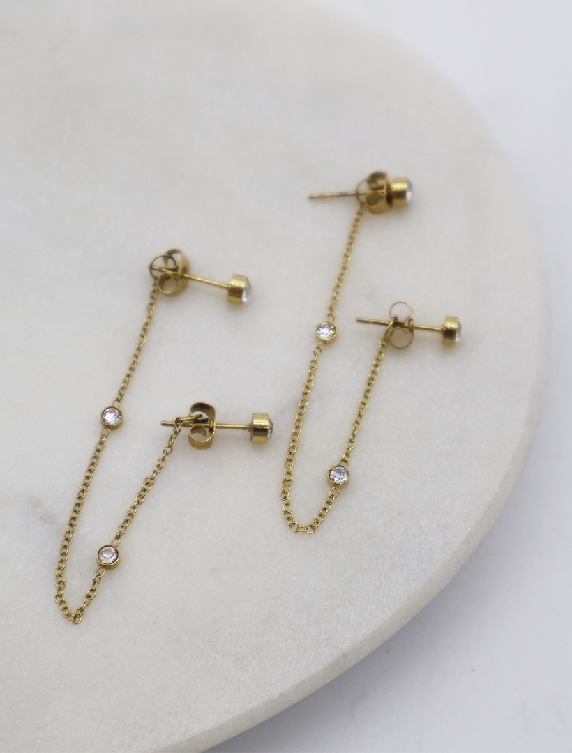 Chain Connected Crystal Studs Gold