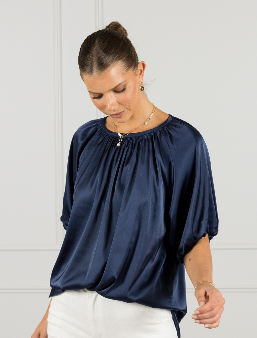 Navy blue satin blouse sales