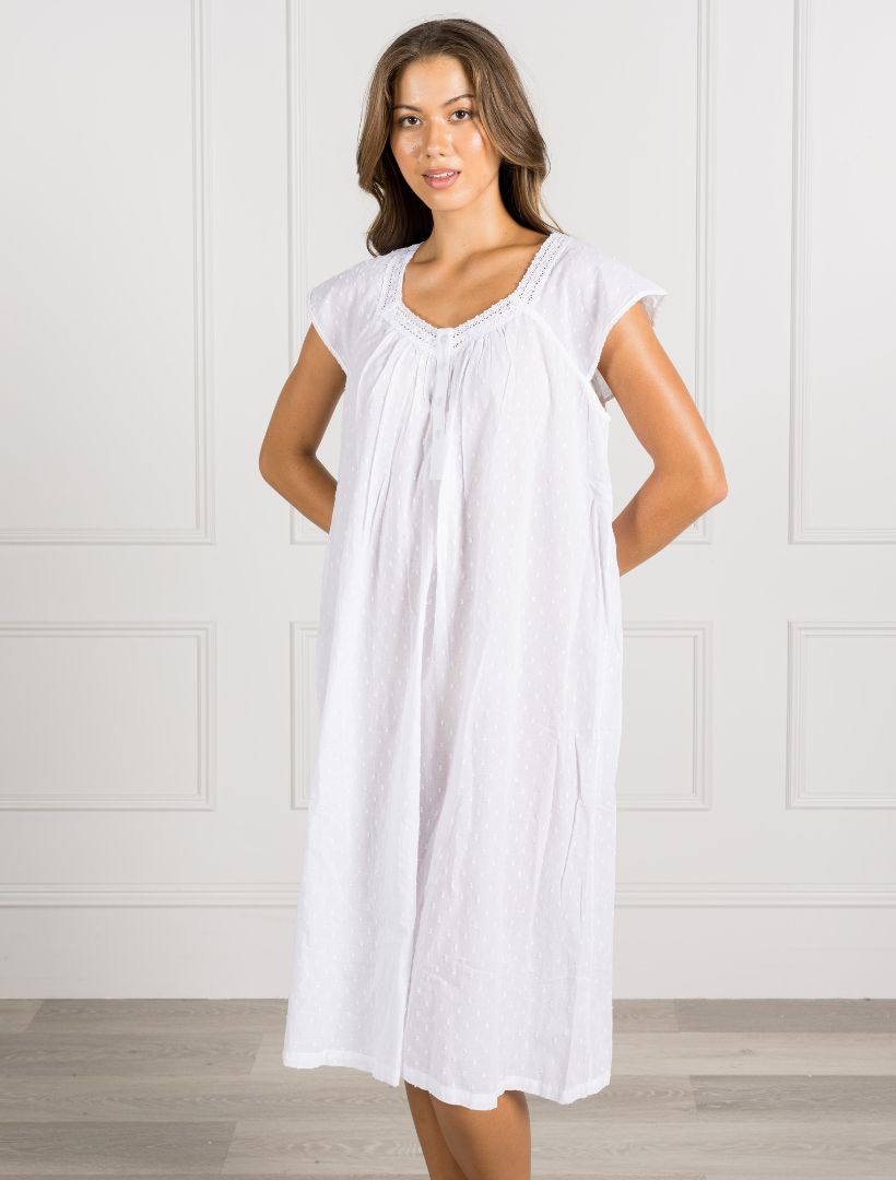 Front view - Delphine white lace short sleeve nightgown 