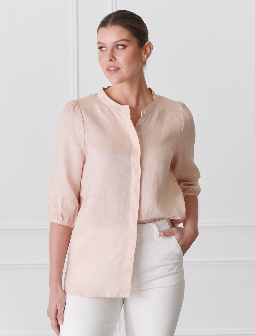 Front view - blush linen shirt