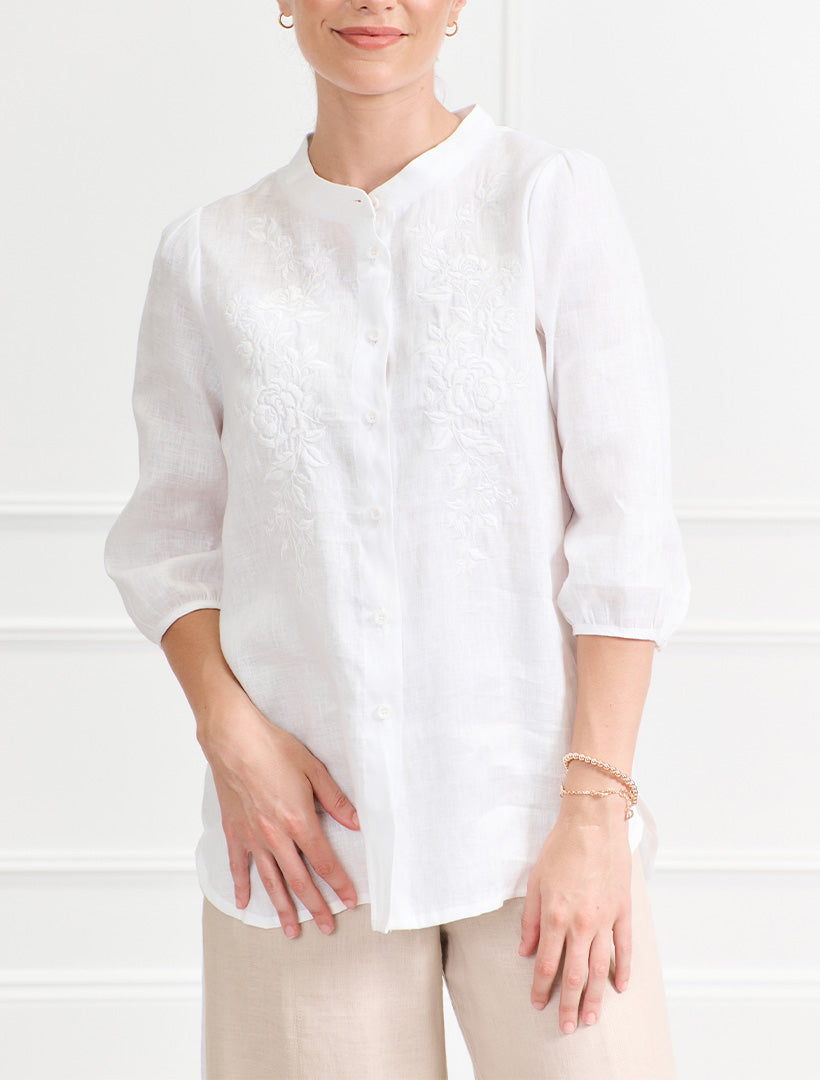 Evie EMB Linen Shirt White