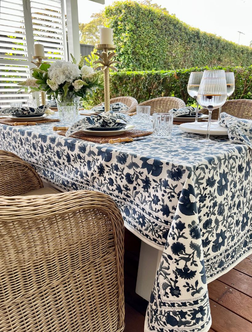 Front view - navy cotton floral tablecloth 