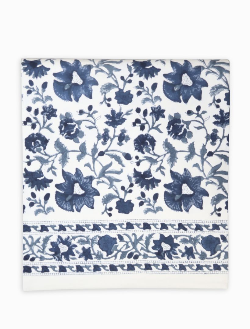 Front view - navy cotton floral tablecloth 