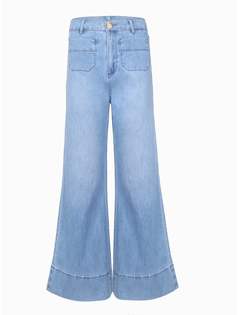 Front view -Flare light denim pants