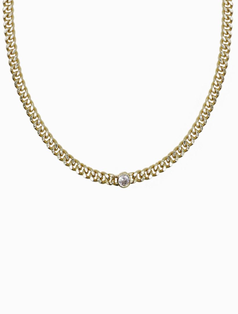 Front view - gold cuban chain crystal necklace