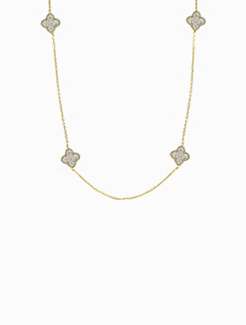 Front view - gold clover crystal long necklace