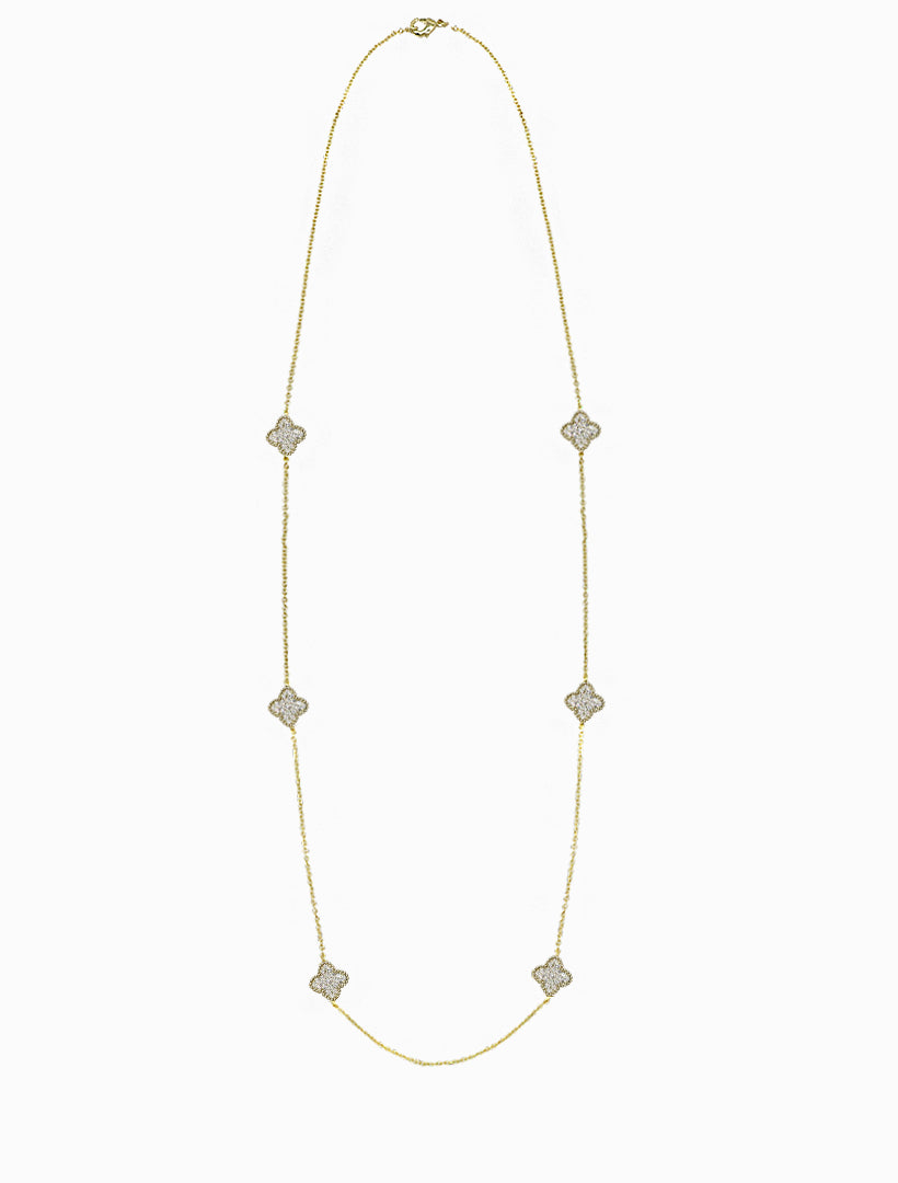 Front view - gold clover crystal long necklace