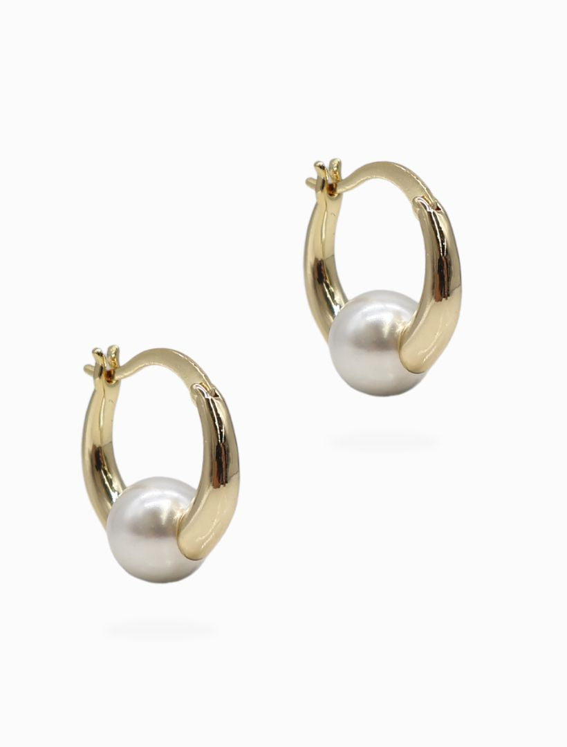 Side view - gold pearl hoops