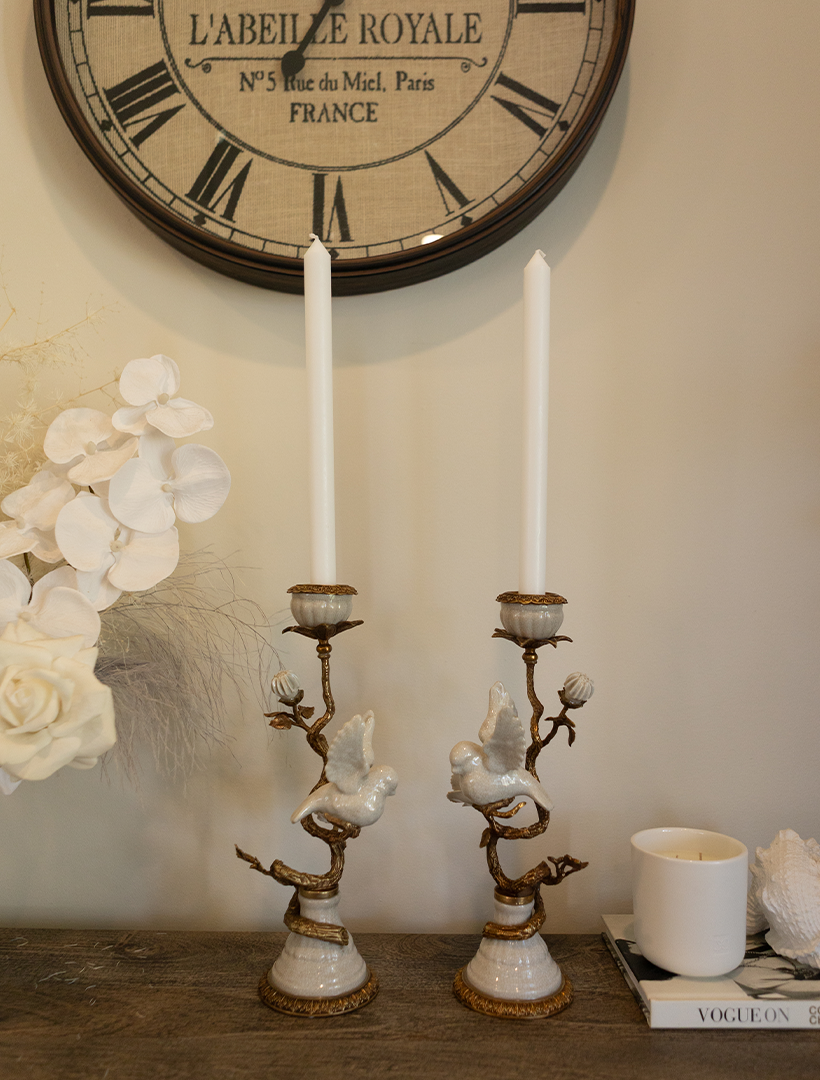 Bird and Flower Candleholder White Set of 2