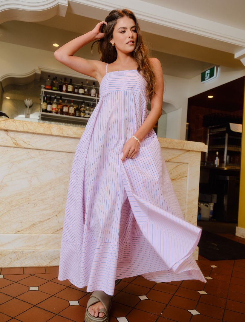 Front view - pink striped maxi dress