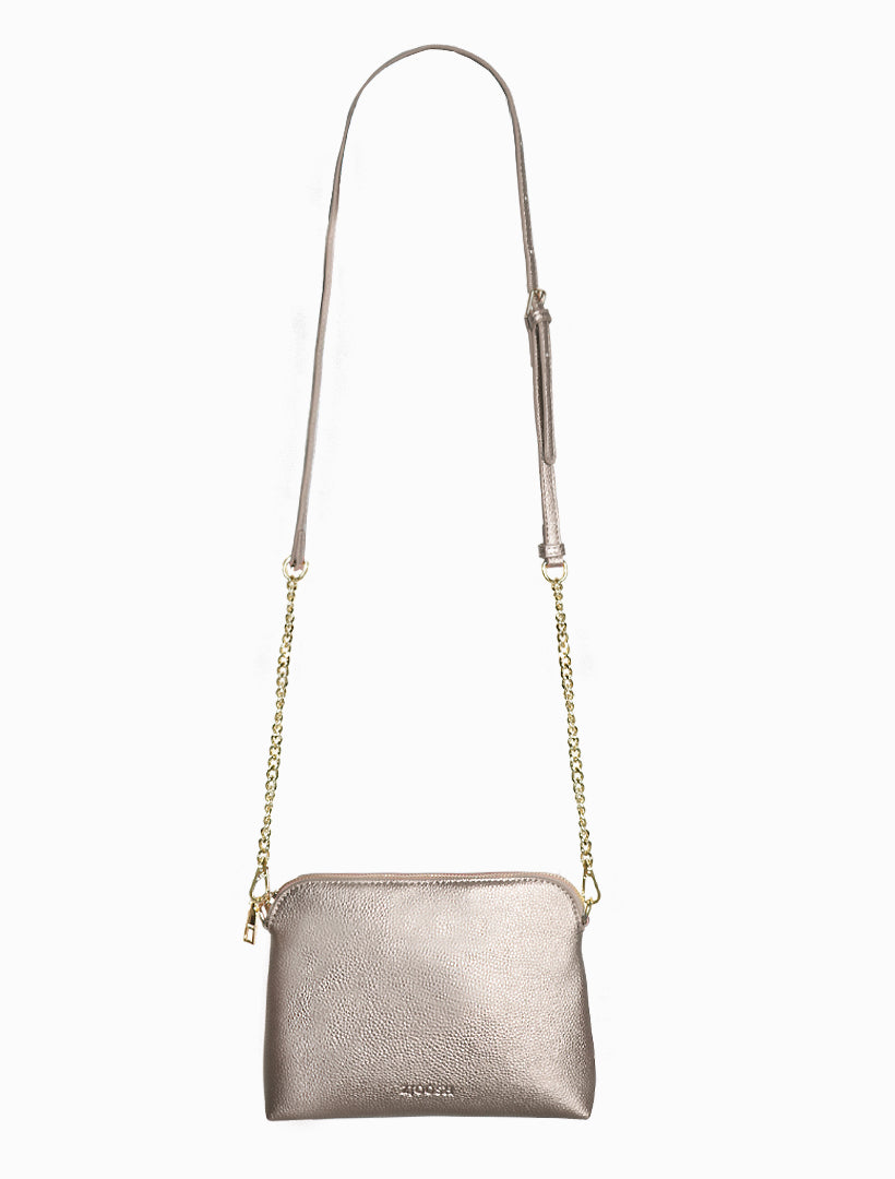 Front view - bronze strap cross body bag