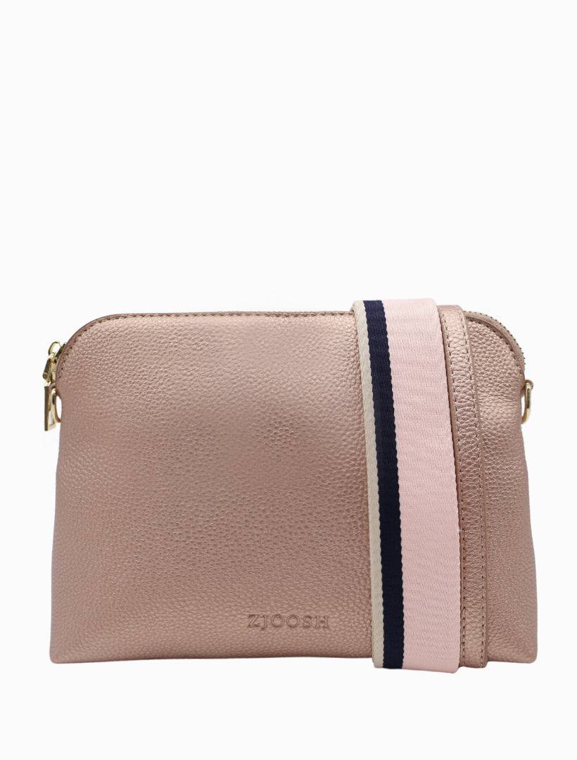 Front view - rose gold cross body strap bag