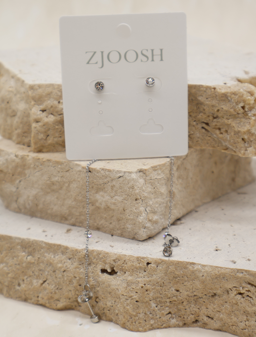 Chain Connected Crystal Studs Silver