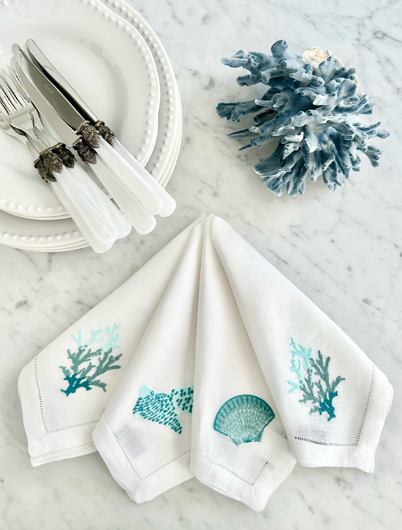 Seaside Embroidered Linen Napkin Set of 4