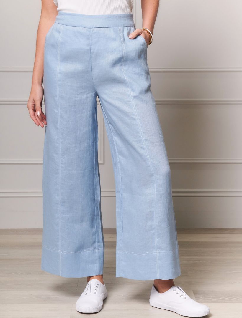 Front view - blue linen pants