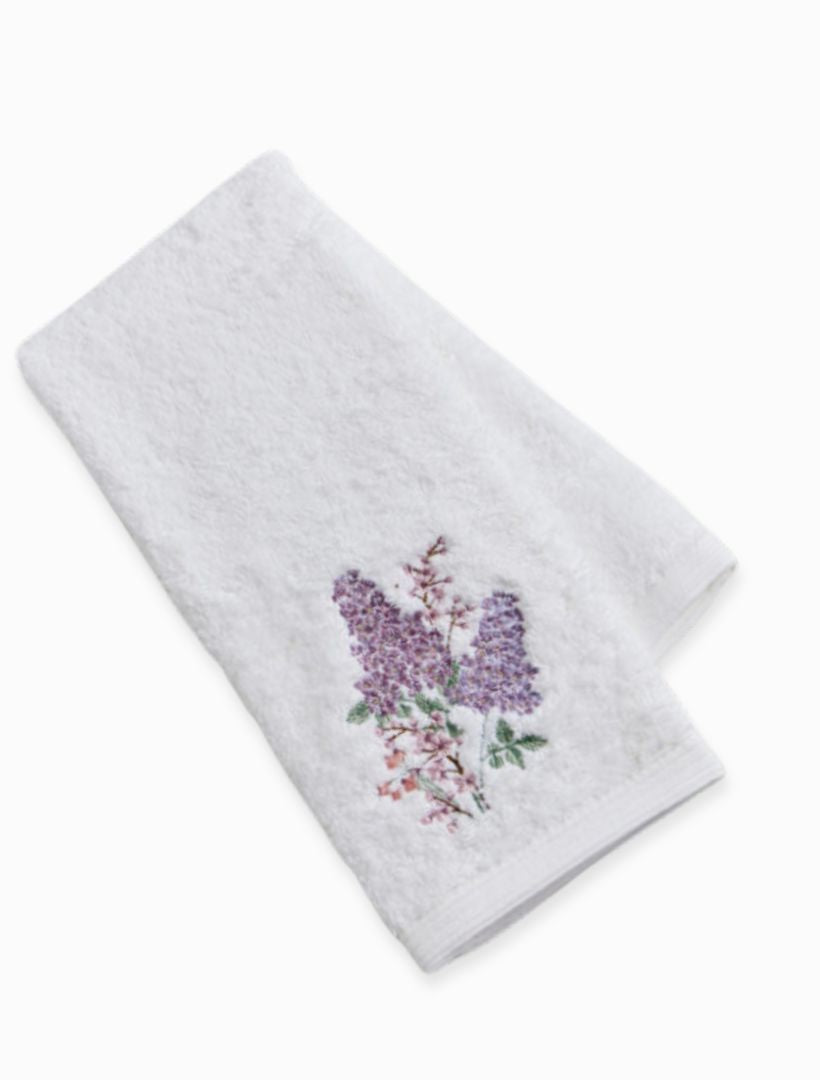 Front view -white  floral embroidered hand towel