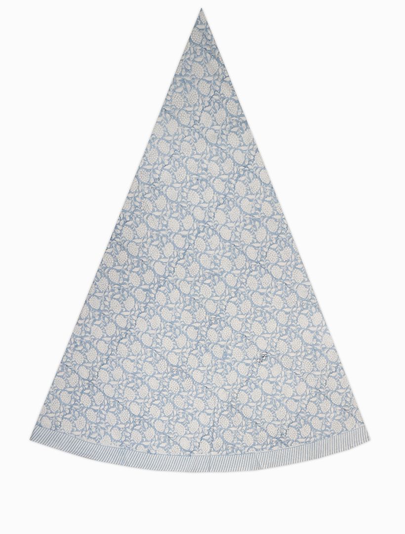 Front view - rounded cotton floral tablecloth blue