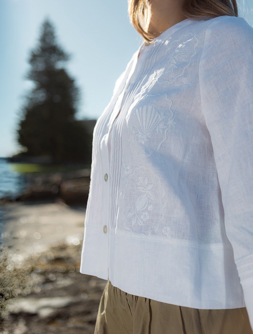 Maria Embroidered Linen Shirt White