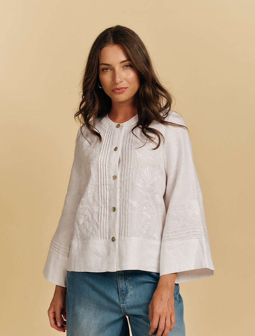 Maria Embroidered Linen Shirt White