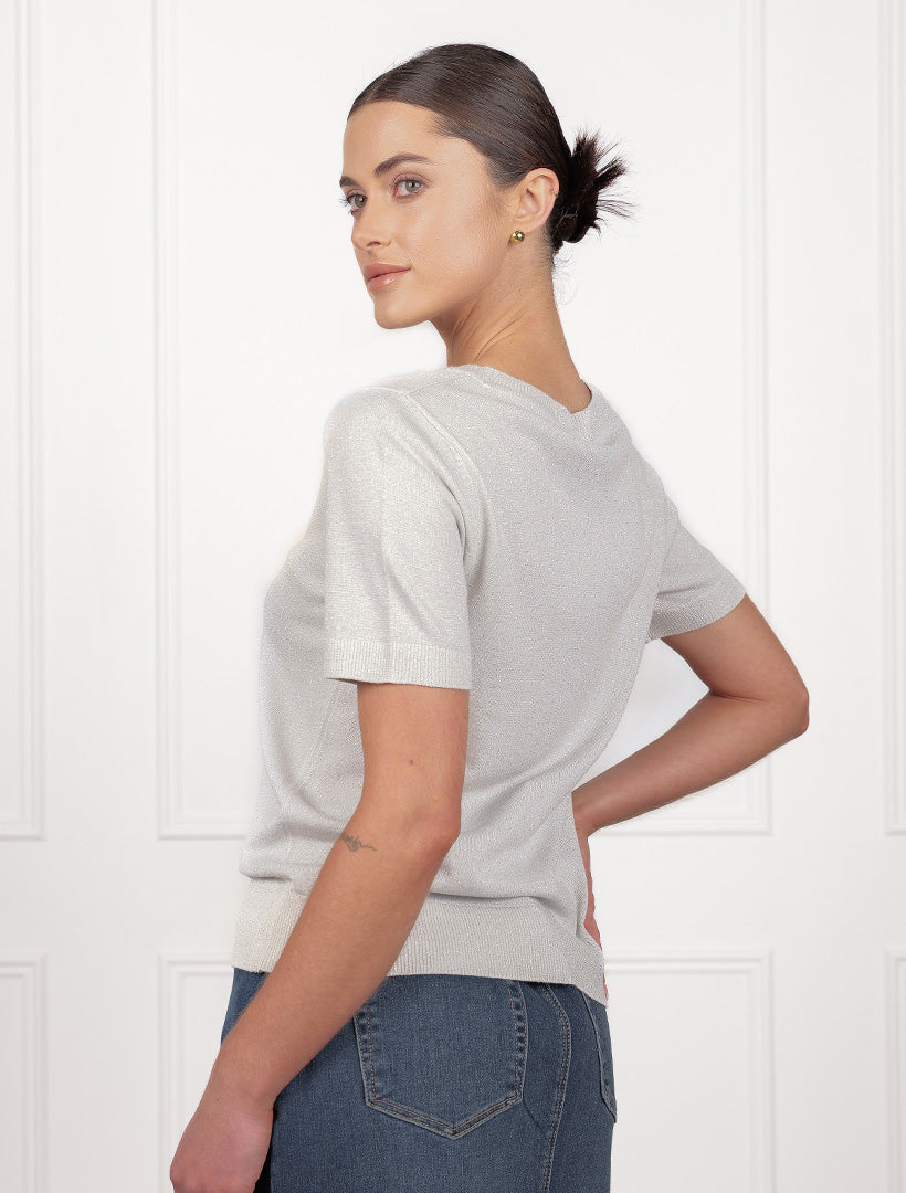Melanie Short Sleeve Sparkle Knit Silver