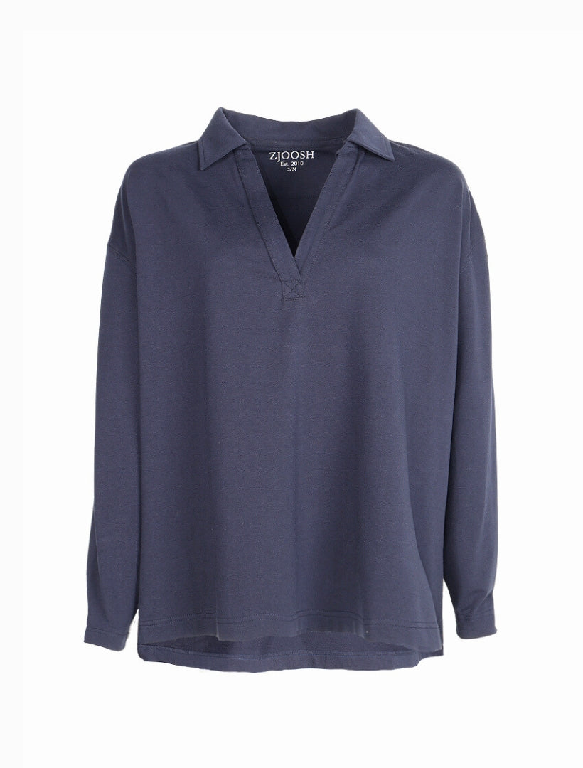 Blue long-sleeve v-neck shirt with collar